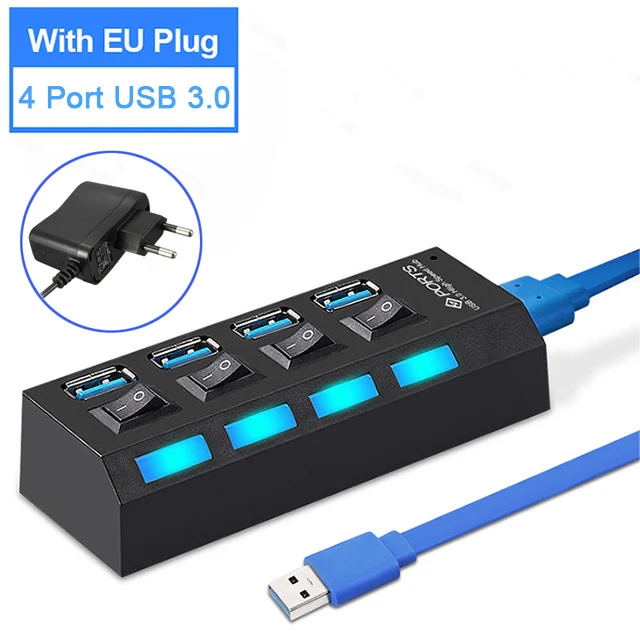 4 Port Black with EU USB 3,0 концентратор 2,0 концентратор Мульти USB разветвитель 4/7 порт расширитель несколько USB 3,0 Hab с адаптером питания USB3.0 концентратор с переключателем для ПК - Цвет: 4 Port Black with EU