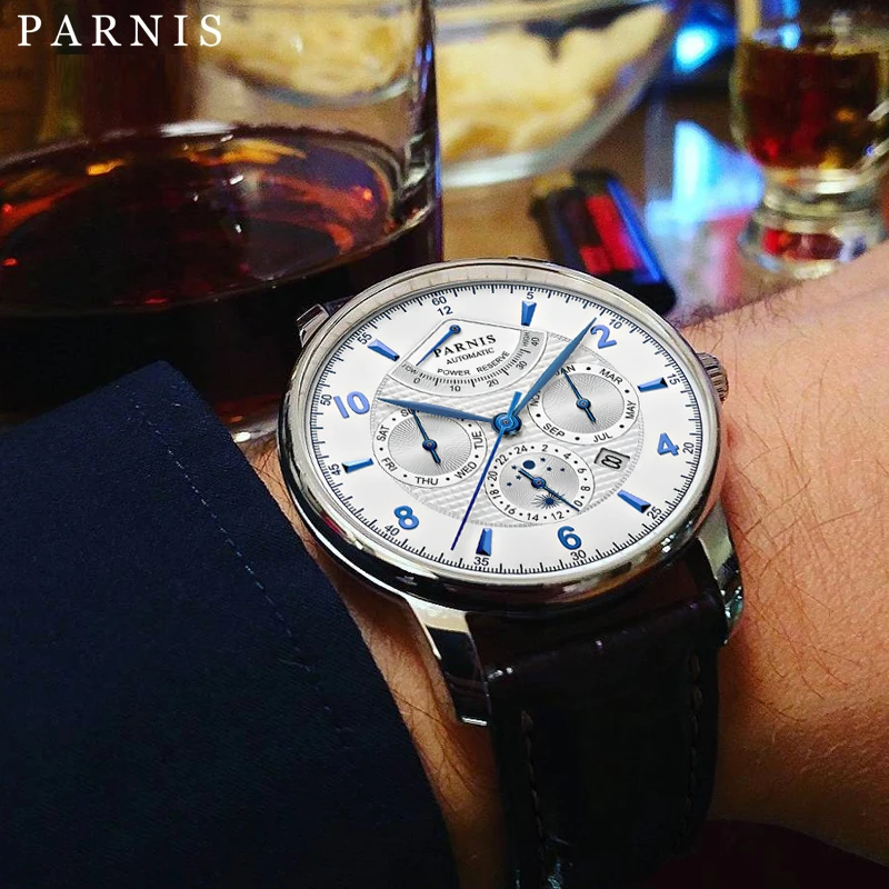 

Модные автоматические часы Parnis 43 мм с Лунной фазой и резервным зарядом мощности, роскошный бренд, топ Miyota, механические намотки, мужские час...