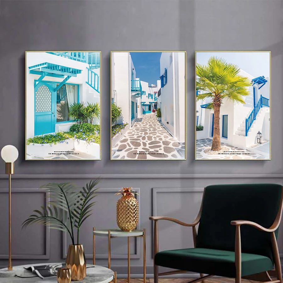 Санторини пейзаж уличное дерево закат Wall Art Холст Картина Nordic Плакаты и печать