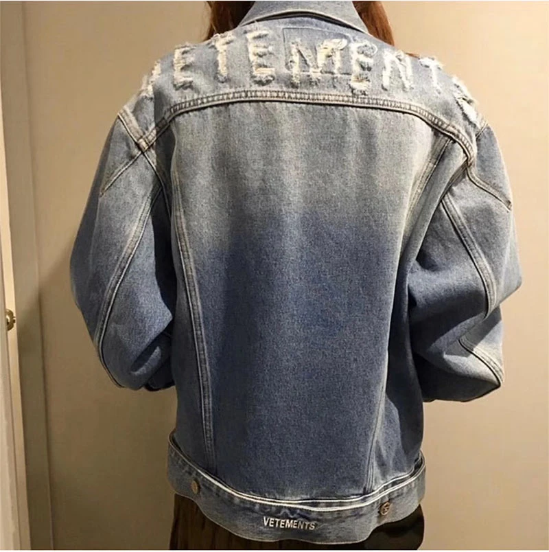 

Best Quality Destroyed Vetements Denim Jacket Men Women Destroyed VTM Outwear Button Embroidery Vetements Jackets