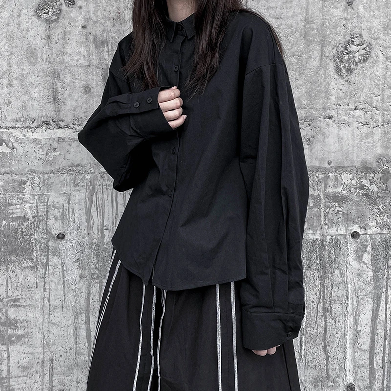 

Women's Long Sleeved Shirt Black Slim Fit Solid Color Simple Black Blouse Women's 2021 Autumn New Solid Color Loose Long Sleeved