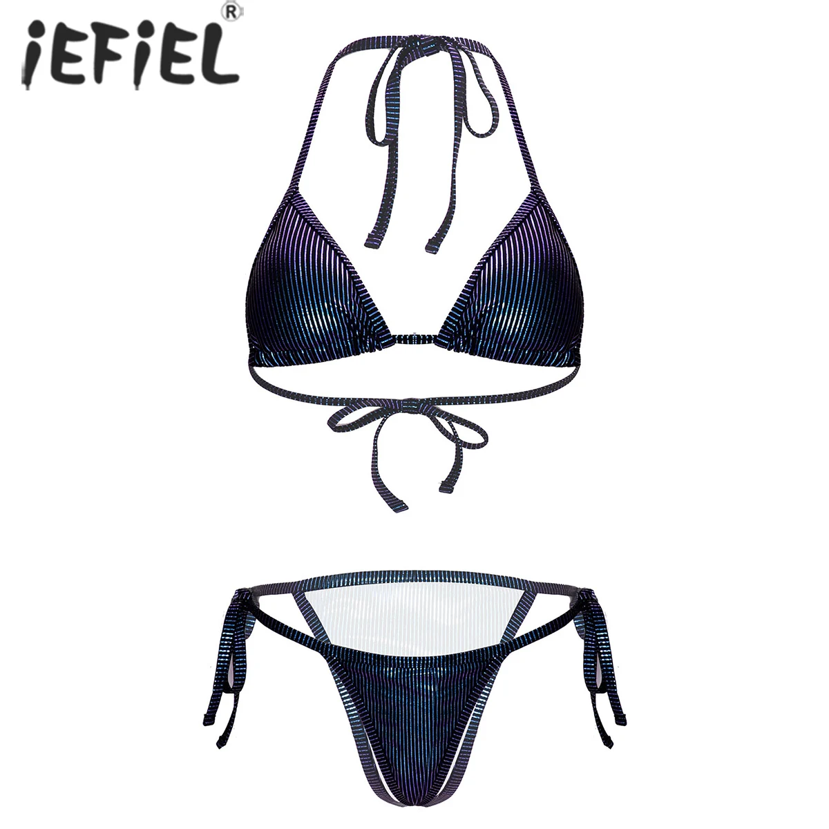 

Летний женский однотонный комплект бикини в полоску, бюстгальтер на шнуровке, топы с заниженной талией, трусы, нижнее белье, модная пляжная ...