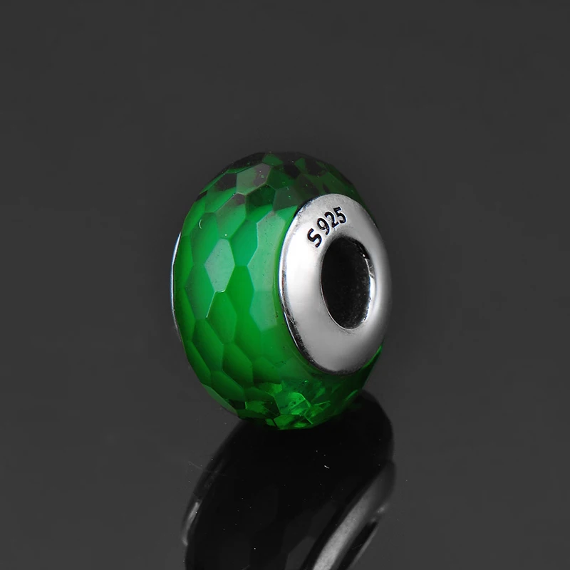 100% real 925 Sterling Silver DIY Hexagonal pattern Green Murano Glass Beads Fit Original europeu Charms Bracelet Jewelry making | Украшения