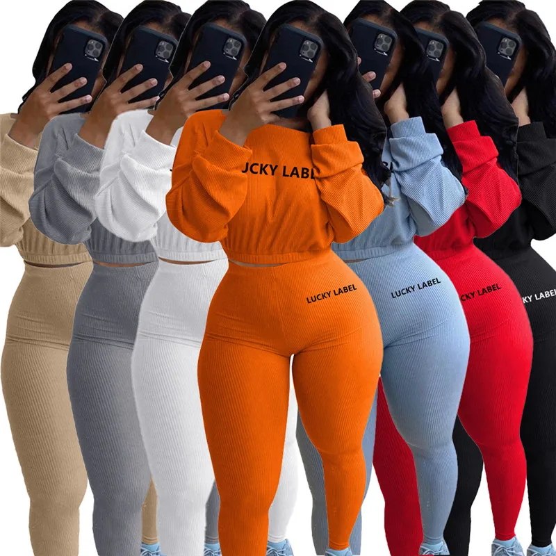 

Lucky Label 2 Piece Set Women Crop Top Leggings Pants Sweet Knitted Stretch Jogger Outfit Fall Clothes Wholesale Dropshipping