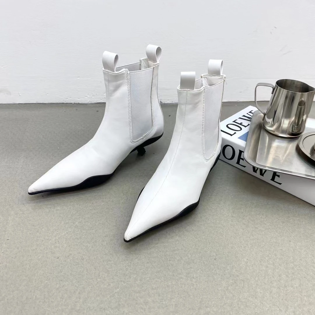 

Pointed Toe Women Ankle Boots Black/White Thin Low Heels Short Chelsea Booties Slip On Fashion Solid Color Winter Boots Woman