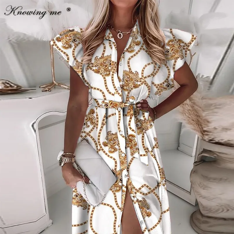 

2021 Women Button Printed Belt Dress Elegant Butterfly Sleeve Trun down Collor Party Dress Elegant Mid-Calf Bohemian dress 2XL