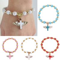 8mm beads bronzing acrylic fairy cross rosary bracelet religious style bracelet wrist chain bracelet for men women jewelry gift