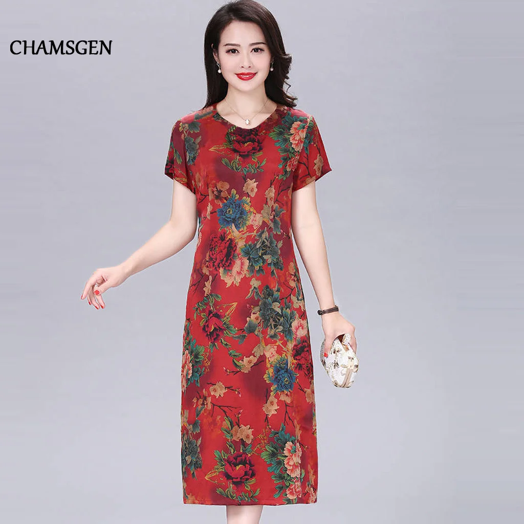 Женское платье с цветочным принтом CHAMSGEND красное летнее круглым вырезом и