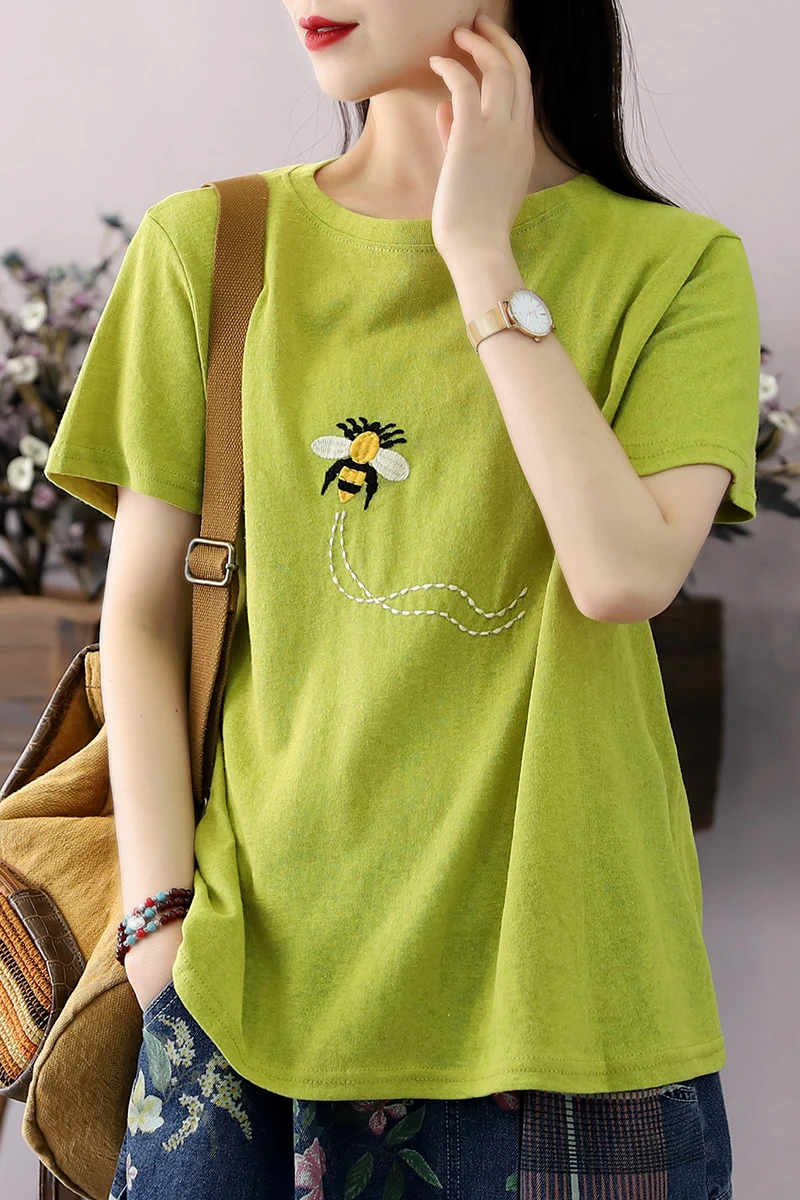 

RETRO art summer new thin t-shirt female short sleeve bee embroidery O neck casual top