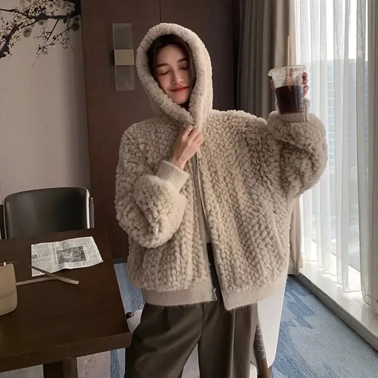 2022 Меховая куртка с капюшоном розовое вязаное Женское пальто меховым воротником