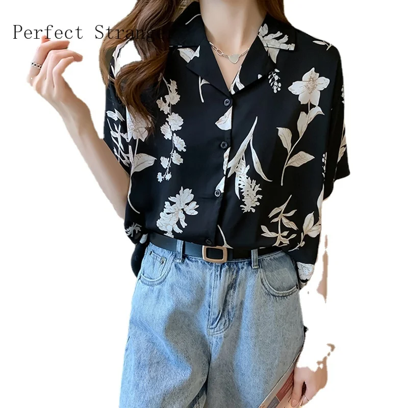 

2021 Fashion Womens Tops and Blouses Short Sleeve Shirts Women Notched Collar Chiffon Women's Blouse Vintage Top Female