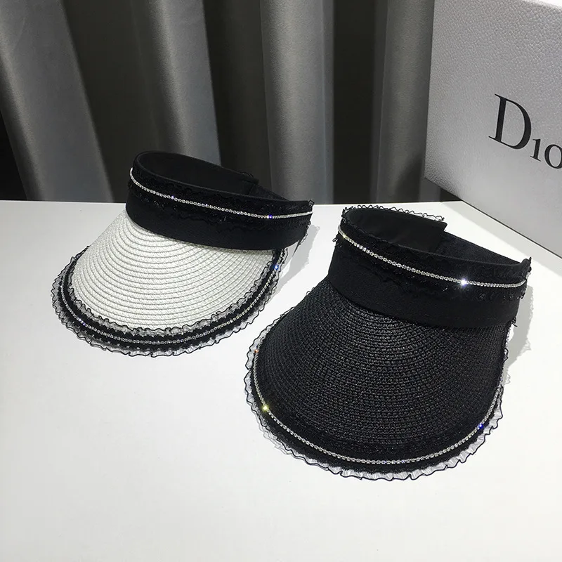 

new rhinestone lace Women empty top straw hat wide brim folder sun visor hat summer out door traveling UV protection sun hat