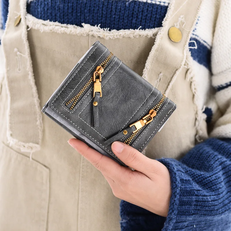 Женский винтажный кошелек модный короткий из вощеной кожи с двумя цепочками |