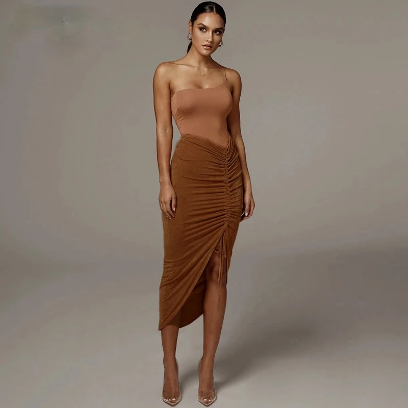 

Drawstring Ruched Summer Women Pencil Midi Skirt Slit High Waist Elegant Sexy Streetwear Party Club Summer Clothes