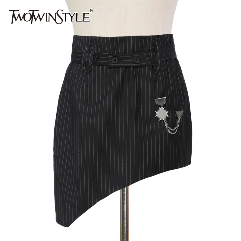 

TWOTWINSTYLE Irregular Asymmetrical Striped Casual Skirt For Women High Waist Mini Skirts Female 2021 Style Summer Style Fashion