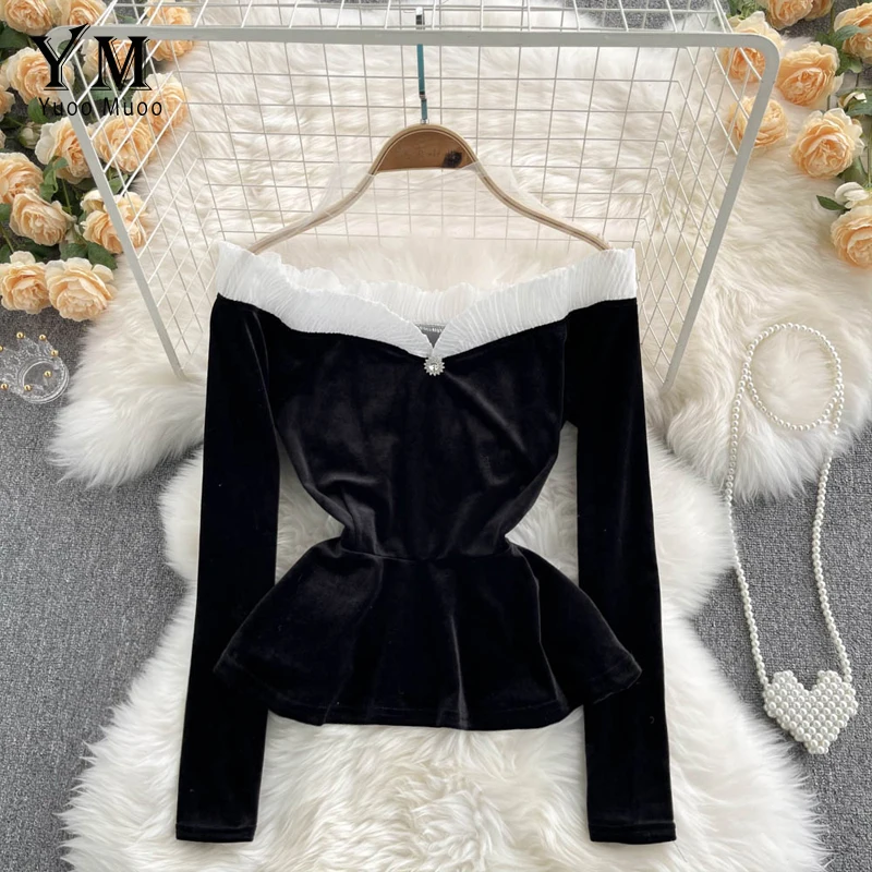 

Роскошная бархатная блузка YuooMuoo с открытыми плечами, рубашки, Женские винтажные праздвечерние чные пуловеры с длинным рукавом, топы, корейс...