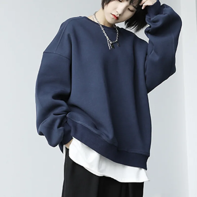 

Осень-зима 2021, пуловер XUXI с капюшоном, женский простой свободный однотонный топ с длинным рукавом и круглым вырезом, толстовка E4564