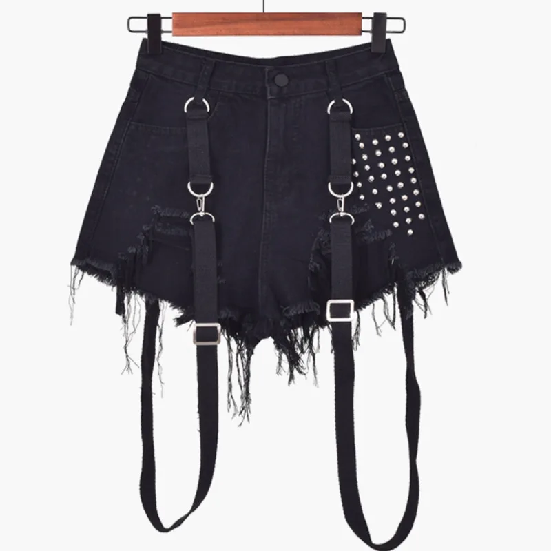 Женские джинсовые шорты черные мини-шорты из денима в стиле панк с дырками