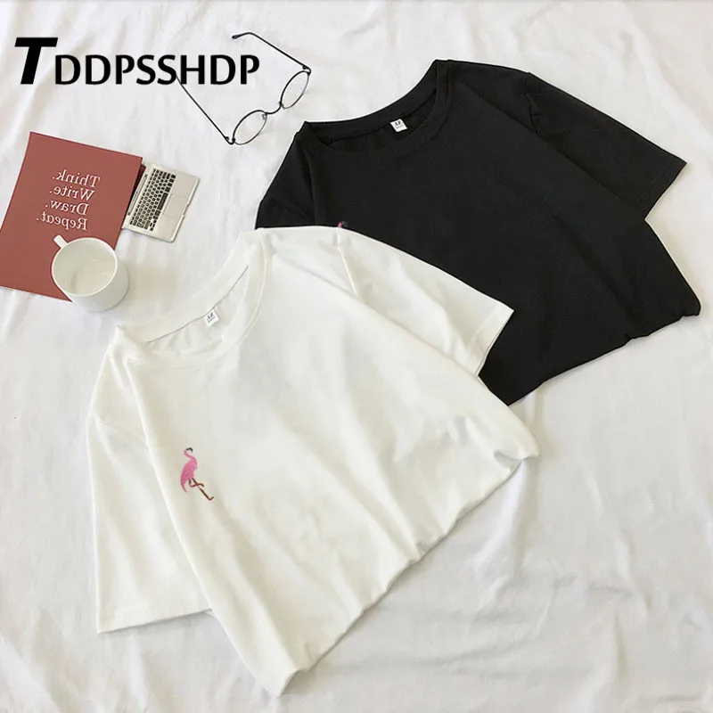 Женская футболка с вышивкой фламинго Повседневная в Корейском стиле 2019 | одежда