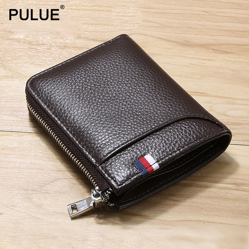 New RFID Anti-theft Wallet Men Short Wallet Fashion Genuine Leather Card Holder Purse Multi-function Mini Zipper Clutch Bag