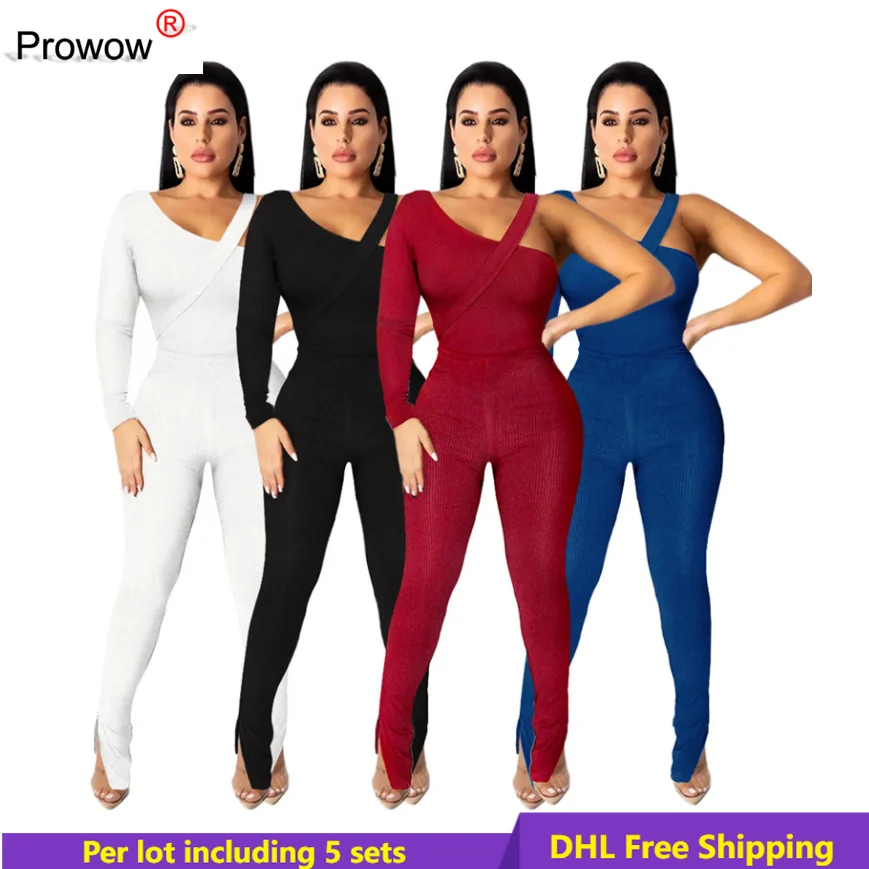 

PROWOW Wholesale Sexy Knitted Ribbed Jumpsuits+pants Women Two Piece Set Casual Rompers+Leggings Matching Set Wholesale 6542