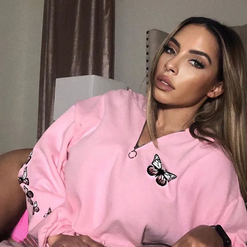 

Casual Butterfly Print Sweatshirt Womens Fit Spring And Autumn Long Sleeve Zipper V Neck Young Girls Women Clothes Fall Hoodies