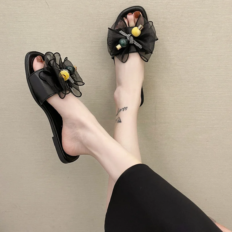 

Shoes Woman 2021 Butterfly-Knot Female Slippers Low String Bead Luxury Slides New Summer Flat Soft Designer Rubber Butterfly-kno