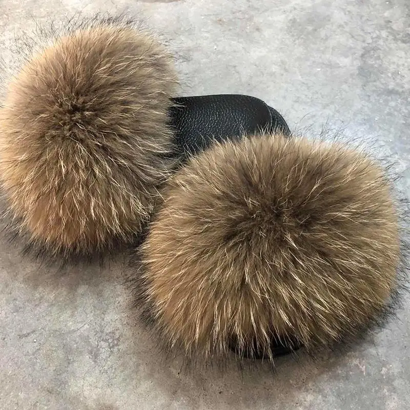 

Шлепанцы женские с натуральным мехом енота, Плюшевые сандалии, открытый носок, большие размеры, 2021