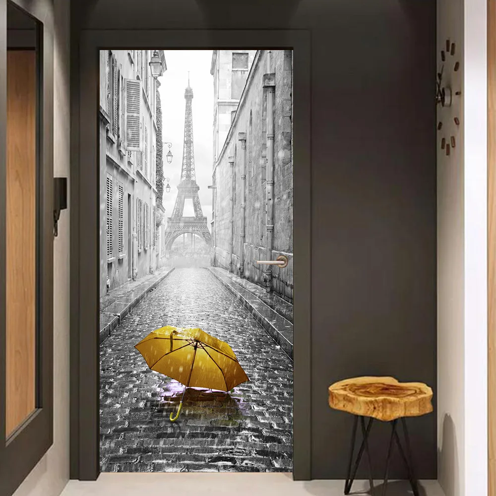 

3D door paste home art mural creative vinyl wallpaper waterproof European-style alley umbrella tower decoration