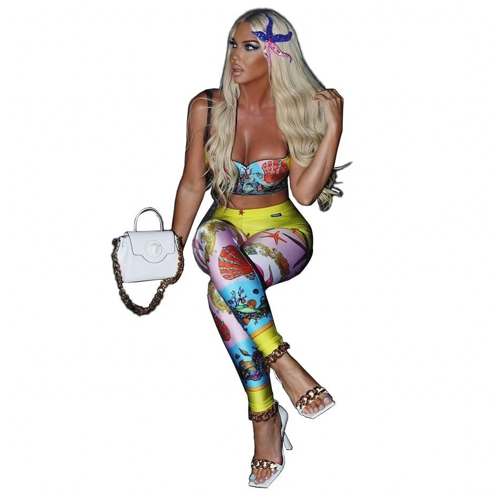 

Для женщин комплект со штанами с принтом бюстгальтер на тонких бретелях Топы Империя оболочка эластичные длинные узкие брюки для девочек 2 ...