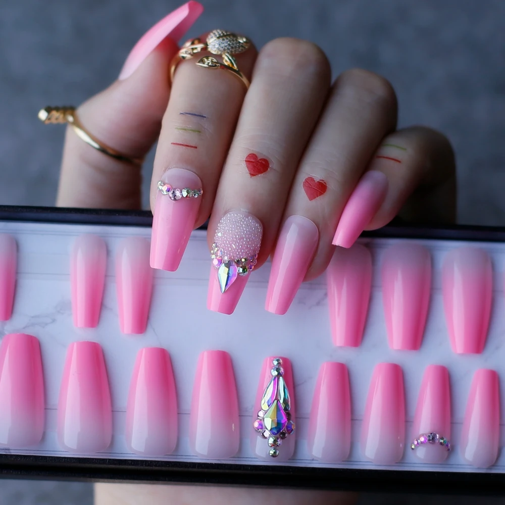Middle length Coffin Ombre Pink Acrylic nails crystal DIY Style Art Fake nalis Tips Press on nails Cute girlfriend gift box set