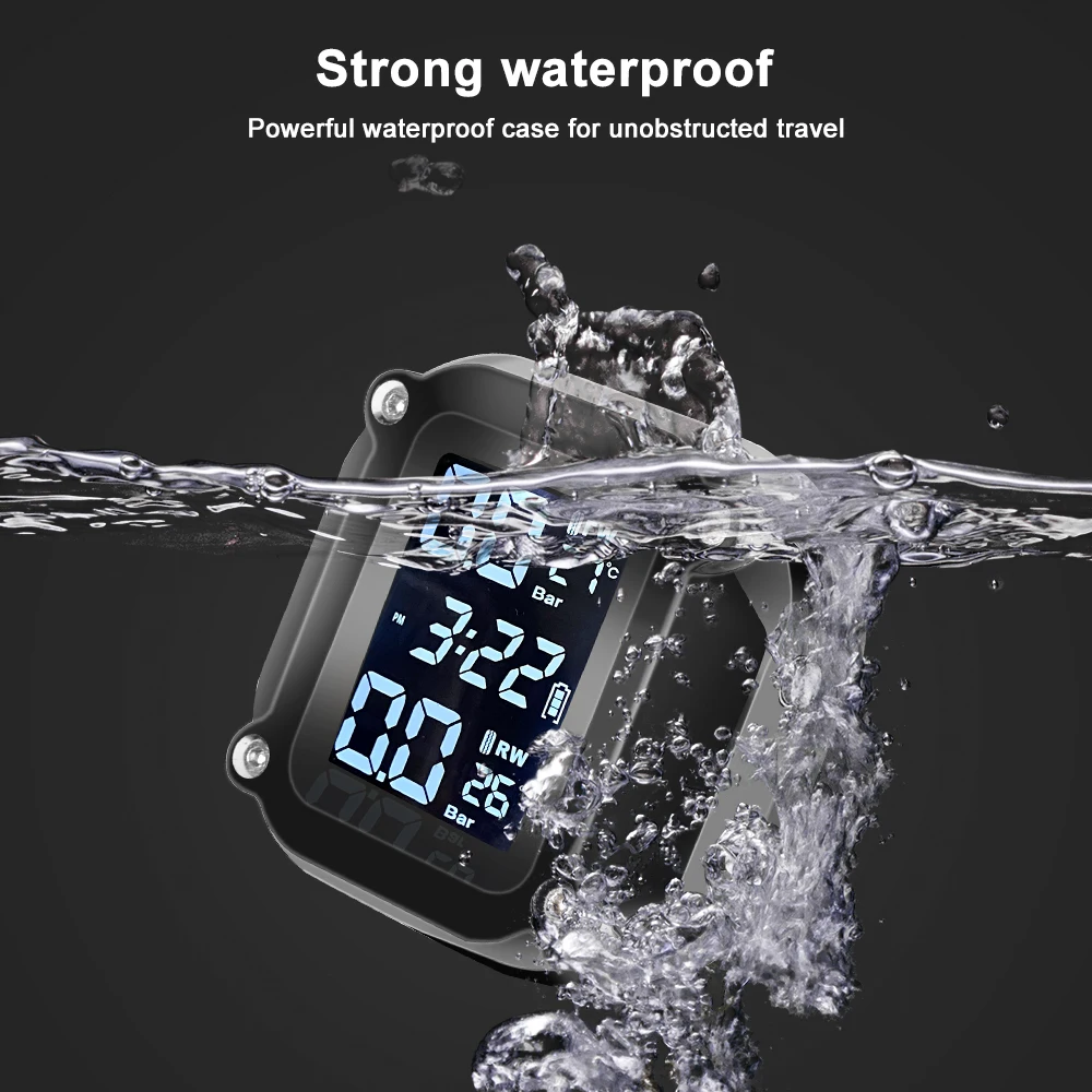 

New Motorcycle TPMS Motor Tire Pressure Tyre Temperature Monitoring Alarm System with 2 External Sensors USB Solar Charging