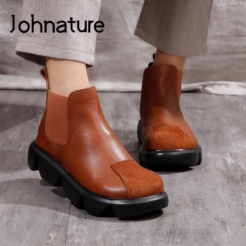 

Johnature Genuine Leather Women Shoes Ankle Boots Round Toe 2022 New Autumn Wedges Leisure Retro Handmade Concise Ladies Boots