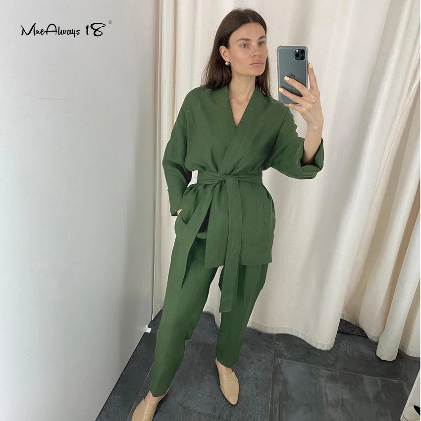 

Mnealways18 Drawstring Cotton Linen Suit Women Two Piece Outfit BeltedBlazers And Pants Autumn Jacket Set Female Casual Suits