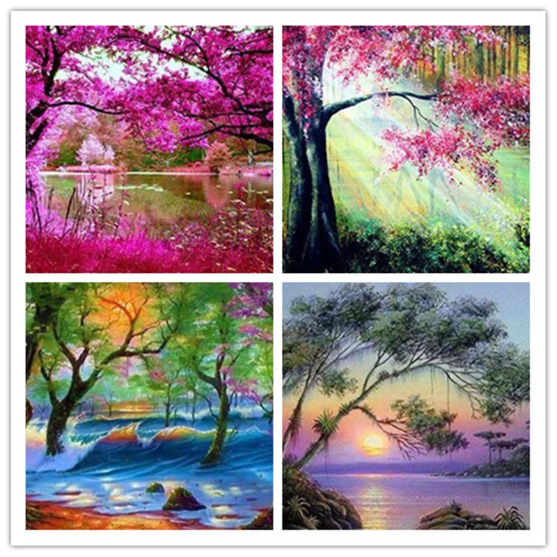 DIY пейзаж алмазной живописью цветущее персиковое дерево крест стежка картина из
