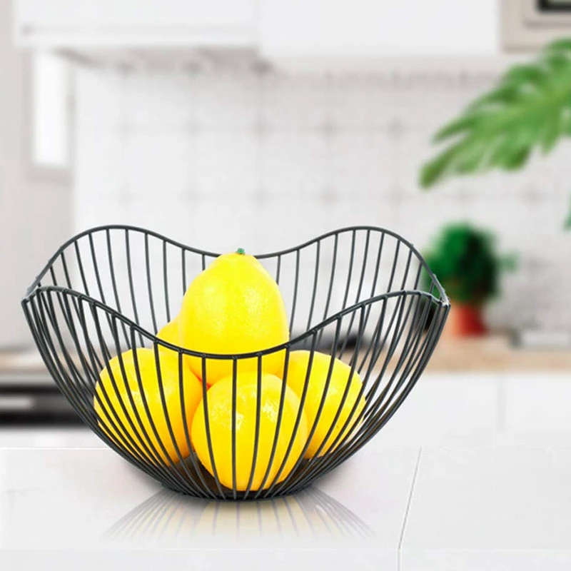 Metal Wire Fruit Container Bowls Stand for Modern Kitchen Countertop Large Round Black Storage Baskets Bread K Cup and De | Дом и сад