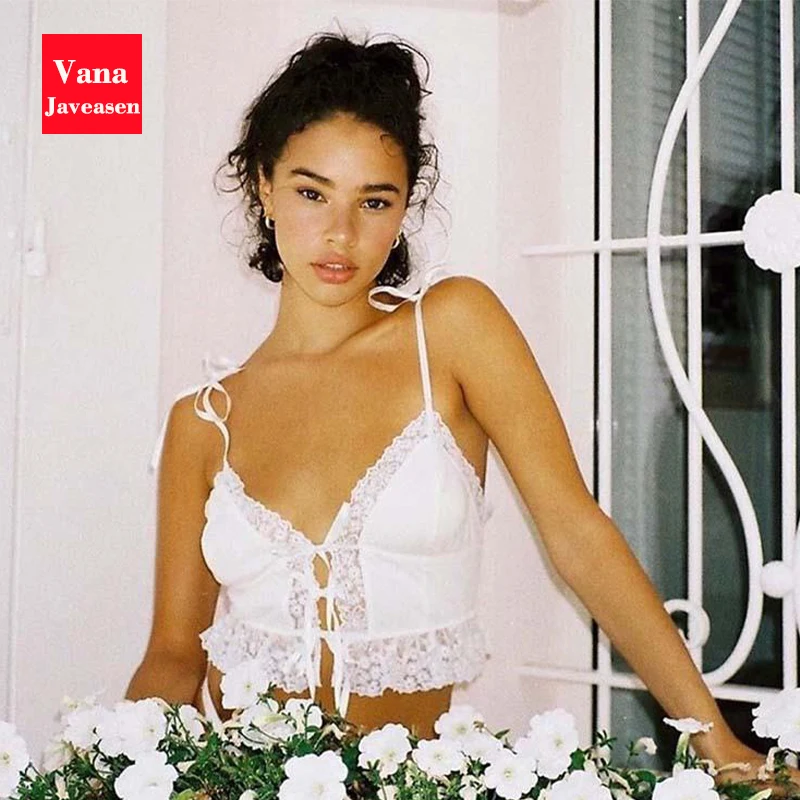 

Lace Patchwork Deep V Neck Sexy Camisole Women Clothes Summer Print Bandage Camisole Femme Crop Top Clubwear Slim Tops Clothing