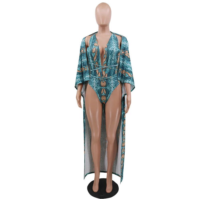 

Cutubly Bandage Backless Sexy Women Set 2020 Summer Bikinis Set Swimwears Beach Deep V Swimsuit and Cloak Two Piece Sets Holiday