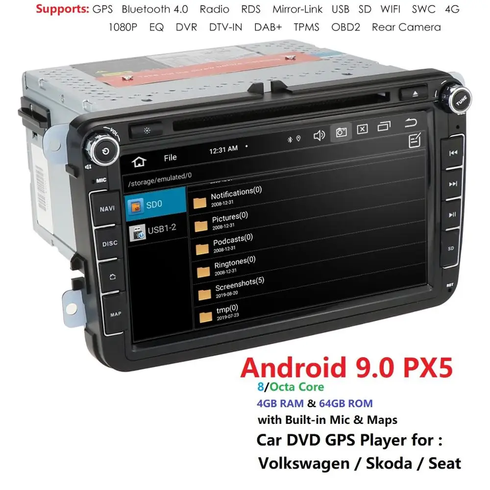 HIZPO 2din Android 9,0 Восьмиядерный 4 Гб ram автомобильный DVD для VW Passat CC Polo GOLF 5 6 Touran EOS T5 Sharan Jetta Tiguan gps Радио bt