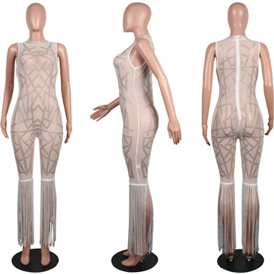 white jumpsuit Adogirl с кисточками в стиле пэчворк алмазы прозрачный сетчатый комбинезон Для женщин комбинезон без рукавов пикантная обувь для ночного широкие брюки для клуба, вечеринок костюмы - Цвет: white jumpsuit