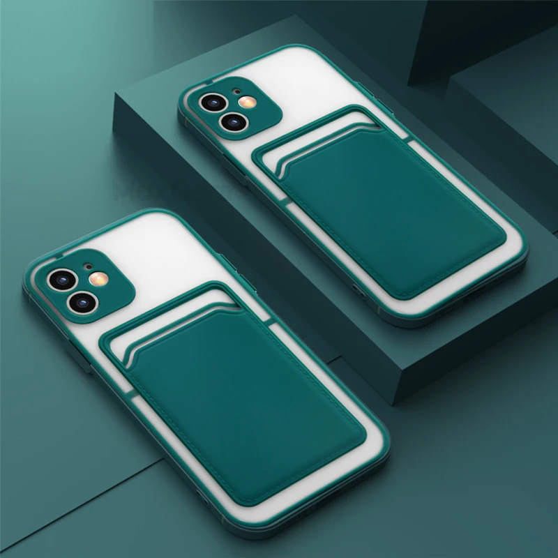 

2 IN 1 Card Holder Shockproof Matte Case For iPhone 12 11 Pro Max XR X XS Mini Luxury Bumper Armor Hard PC Soft Cover