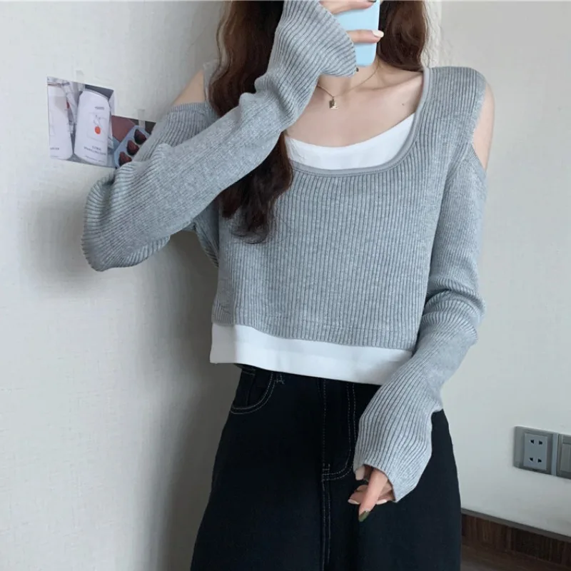 

Имитация двух топов новая Корейская одежда весна/осень нейтральная простота универсальная Лоскутная футболка с круглым вырезом и длинными...