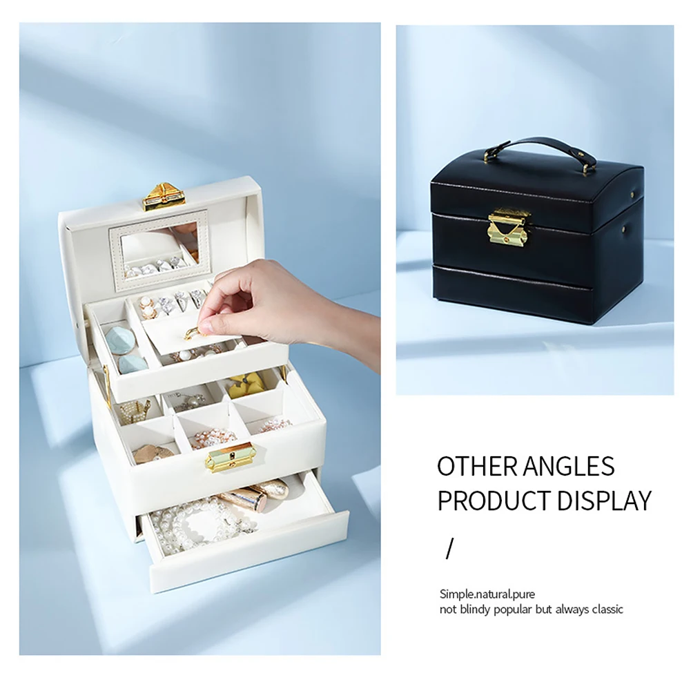 

Portable Automatic Display Exquisite Jewelry Box 3 Layers Earring Ring With Mirror Large Travel Gift Storage Desktop Organizer