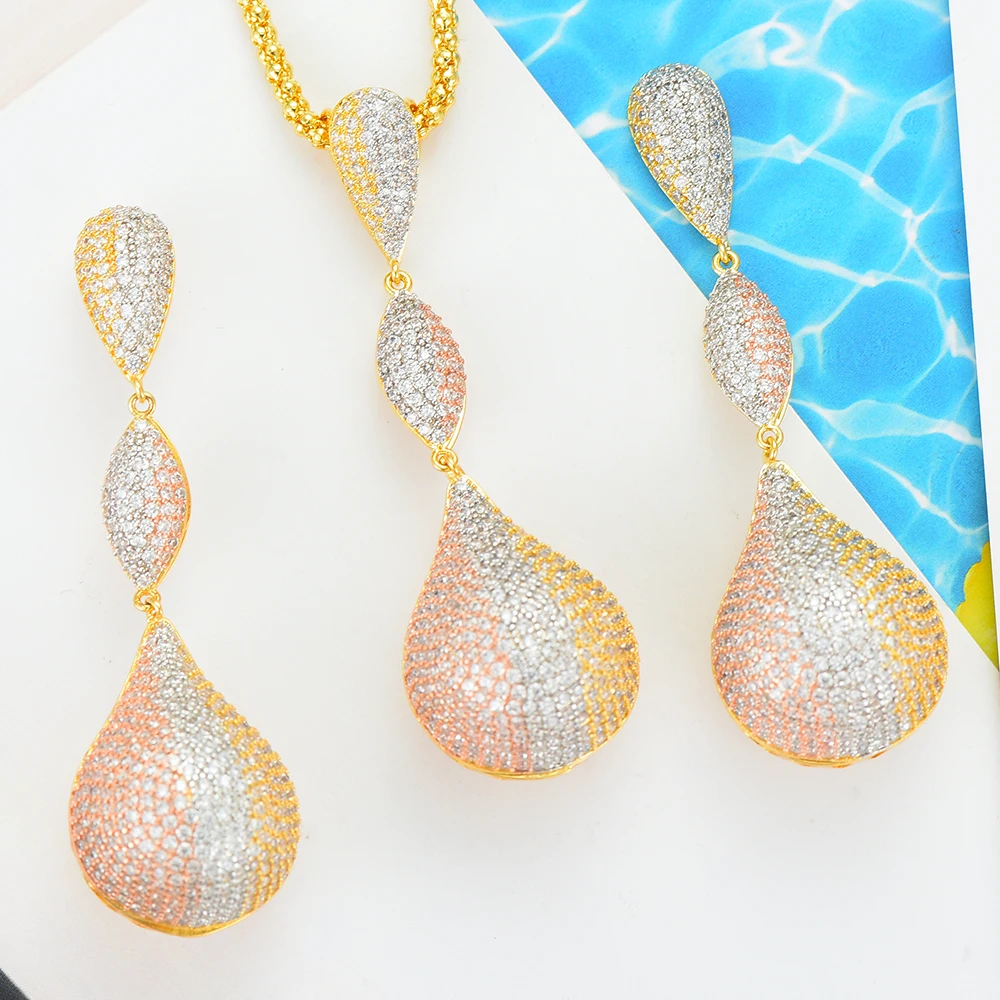 

KellyBola Noble Dubai Women Wedding Long Big waterdrop Pendant Earrings Necklace Jewelry Set Fine Super CZ Fashion Accessories