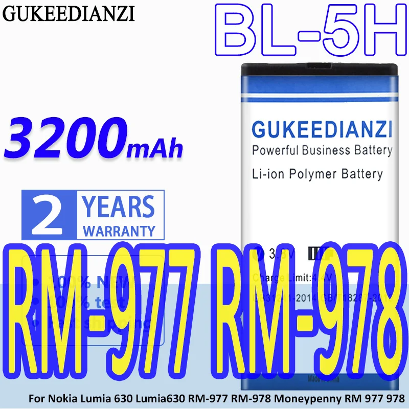 

Аккумулятор GUKEEDIANZI 3200 мА · ч, BL-5H, для Nokia Lumia 630, 38, 635, 636, Lumia630, RM-977, RM-978, BL5H, BL 5H, мобильный телефон