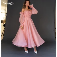 verngo 2021 blush pink a line organza prom dresses puff long sleeves strapless pleats ankle length bridal formal party gowns