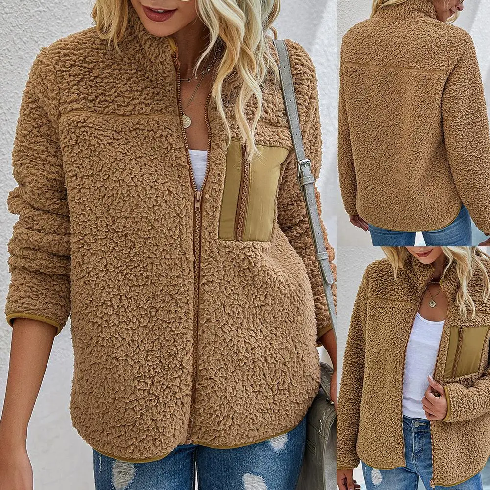

Winter Fashion Women Long Sleeve Fleece Fluffy Warm Zipper Pocket Jacket Coat Outwear Cardigan