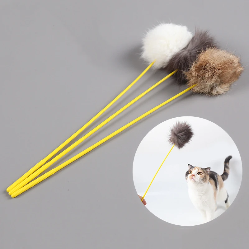

Pet Cat Funny Feathers Tease Toys Rabbit Fur Cat Catcher Teaser Mini Stick Cat Interactive Toys Pet Supplies Random Color