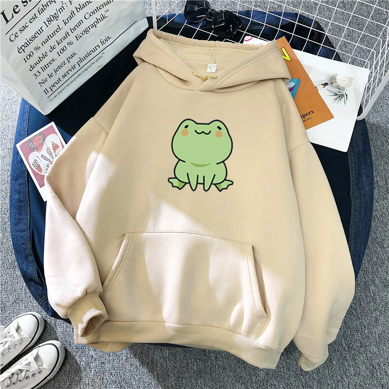 Frog Sweatshirt Loose Clothes Harajuku Long Sleeve Hooded Kawaii Hoodie for Girls Winter Hoodies Pocket Green Sweatshirts images - 6