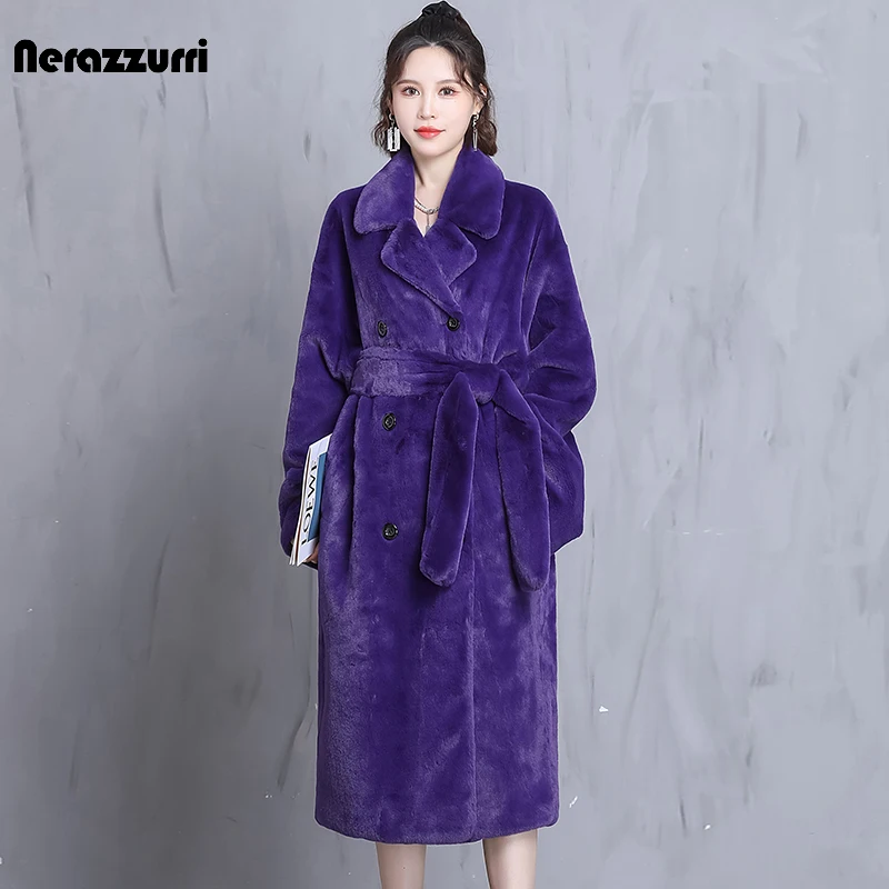 Nerazzurri Winter Oversized Purple Warm Fluffy Soft Faux Fur Coat Women long Sleeve Belt Runway Loose Casual Korean Fashion 2021